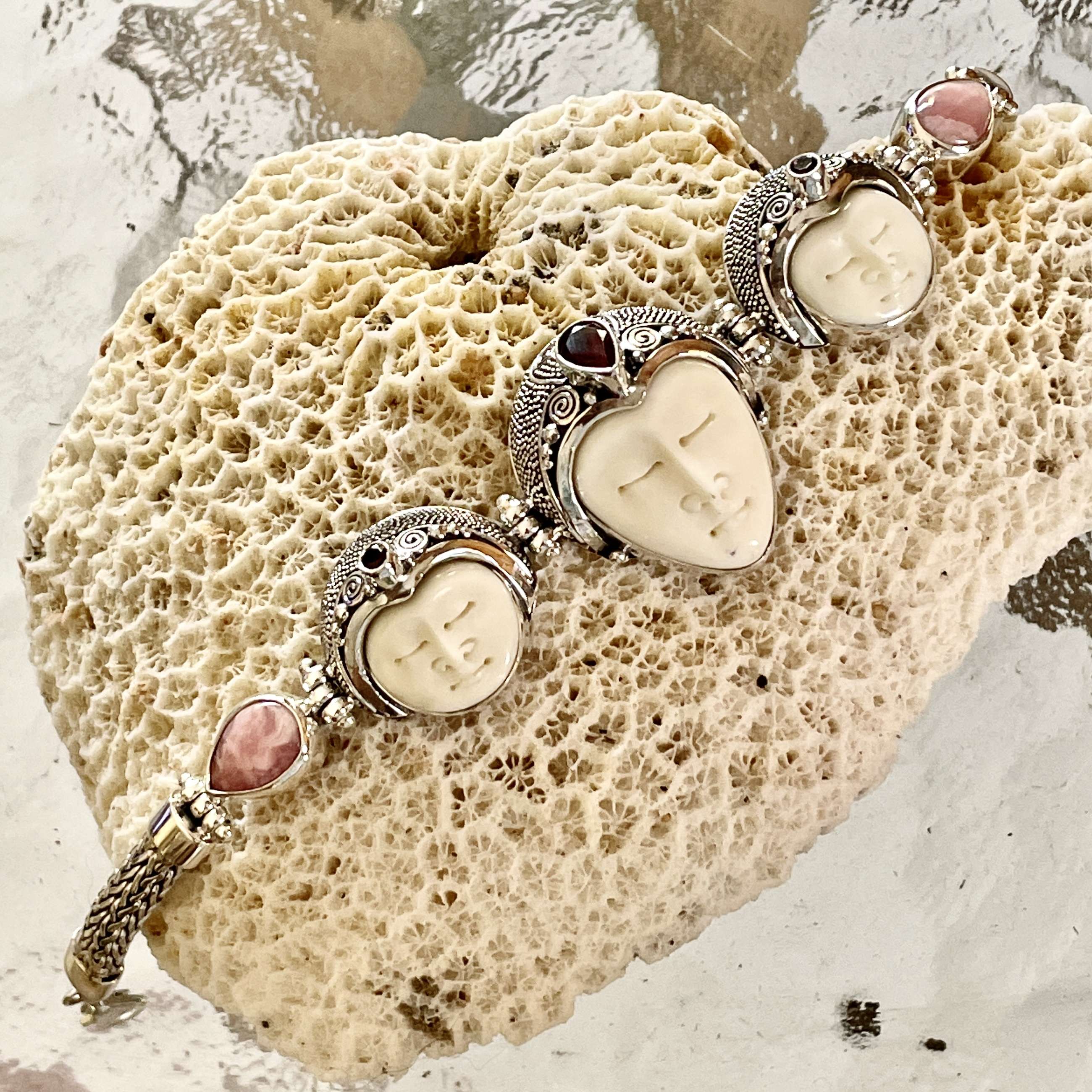 (HANDMADE 925 BALI SILVER BONE FACE BRACELET WITH RHODOCROSITE)